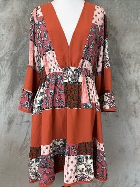 Miss U Boho Patchwork V-Neck Tiered Dress Wmn’s L